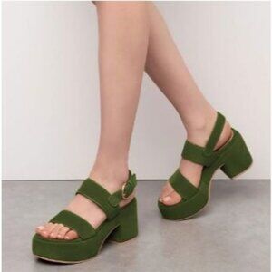 YDN Women Block Chunky Platform High Heels Fashion Open Square Toe Sandals Green